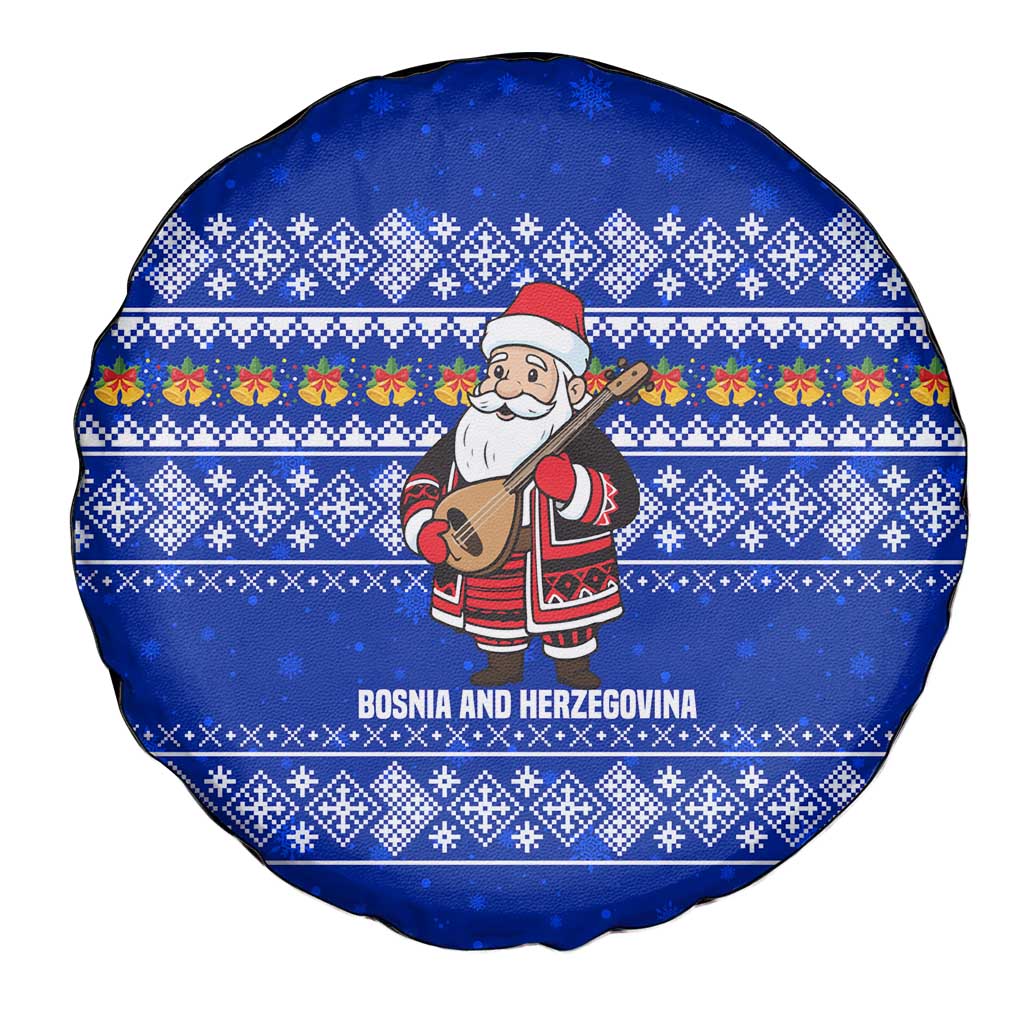 Bosnia and Herzegovina Christmas Spare Tire Cover with Santa Playing Traditional Instrument and Blue Snowflake Pattern - Wonder Print Shop