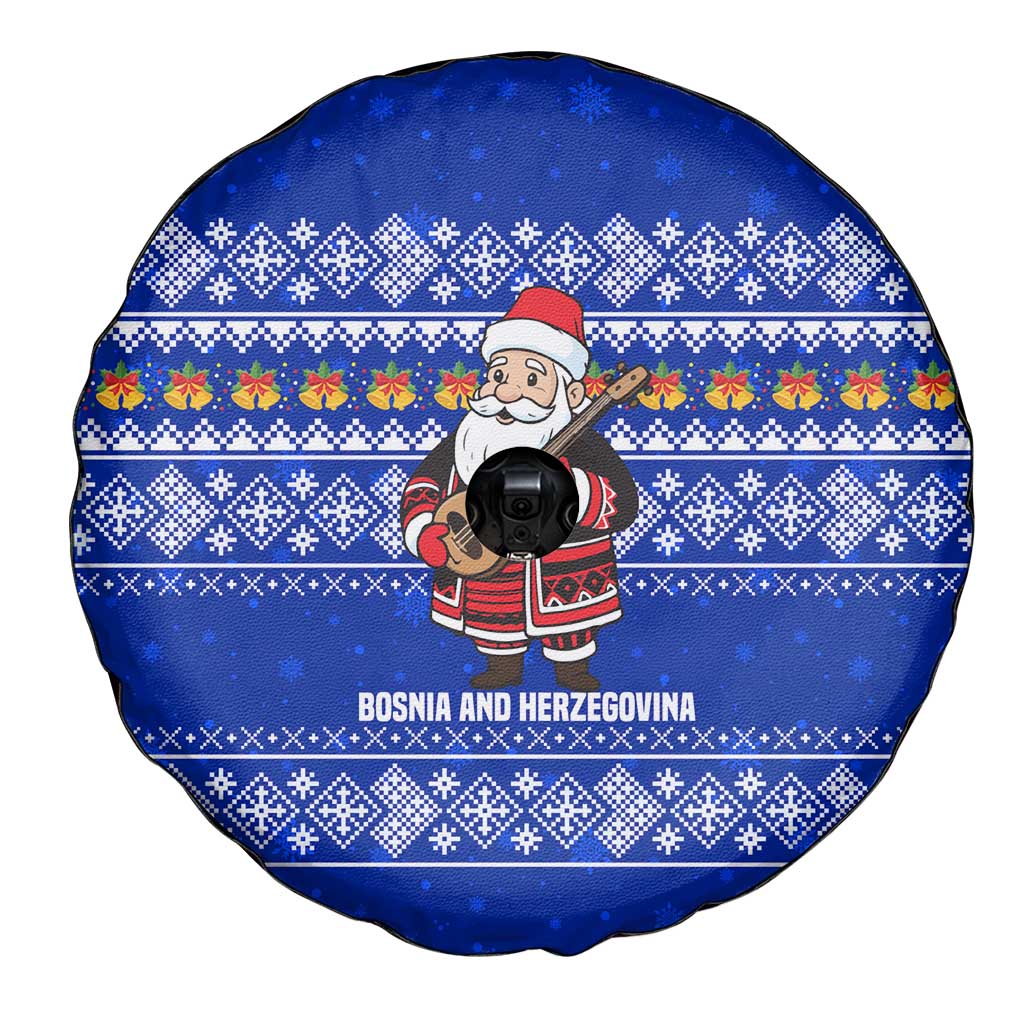 Bosnia and Herzegovina Christmas Spare Tire Cover with Santa Playing Traditional Instrument and Blue Snowflake Pattern - Wonder Print Shop