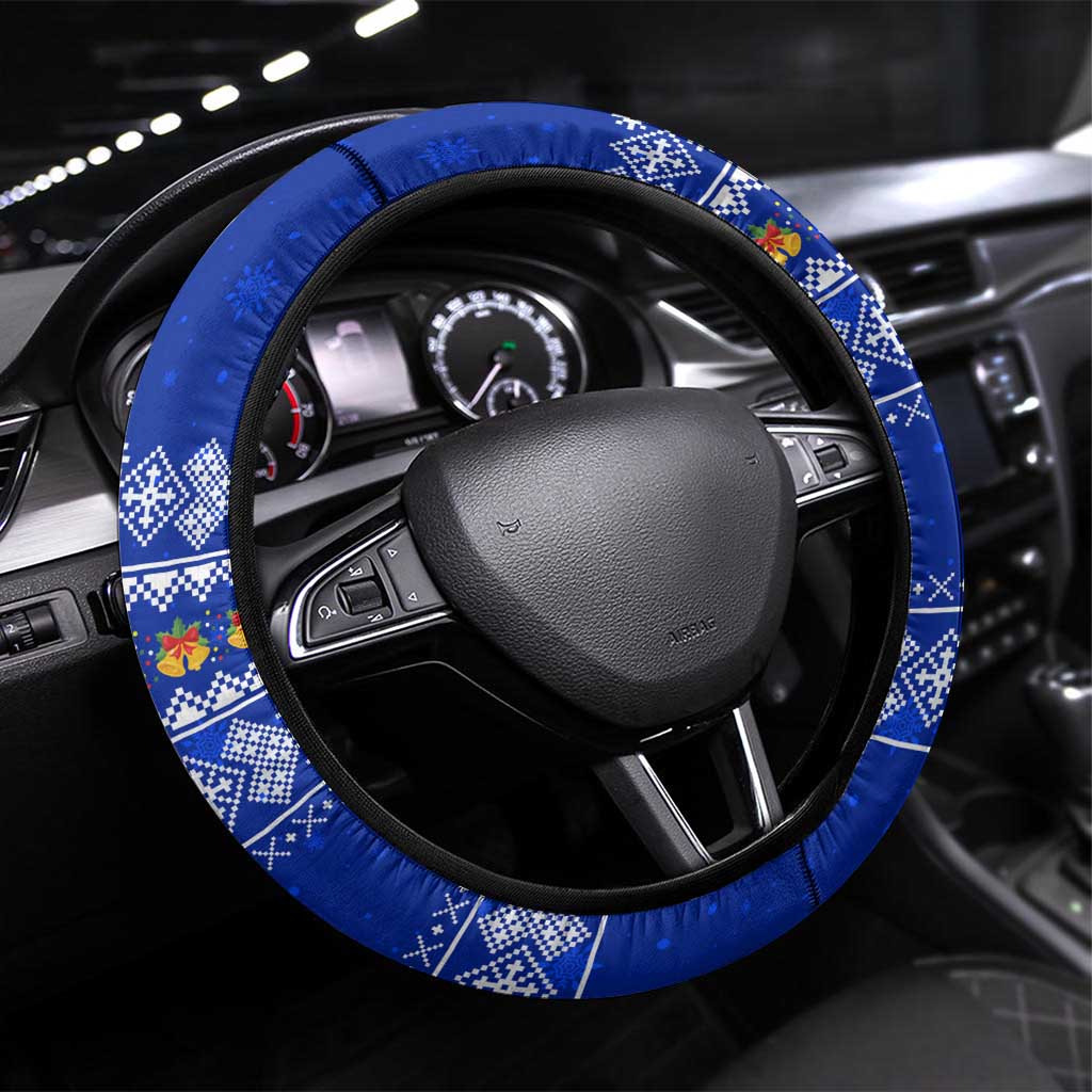 Bosnia and Herzegovina Christmas Steering Wheel Cover with Santa Playing Traditional Instrument and Blue Snowflake Pattern - Wonder Print Shop