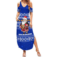 Bosnia and Herzegovina Christmas Summer Maxi Dress with Santa Playing Traditional Instrument and Blue Snowflake Pattern - Wonder Print Shop