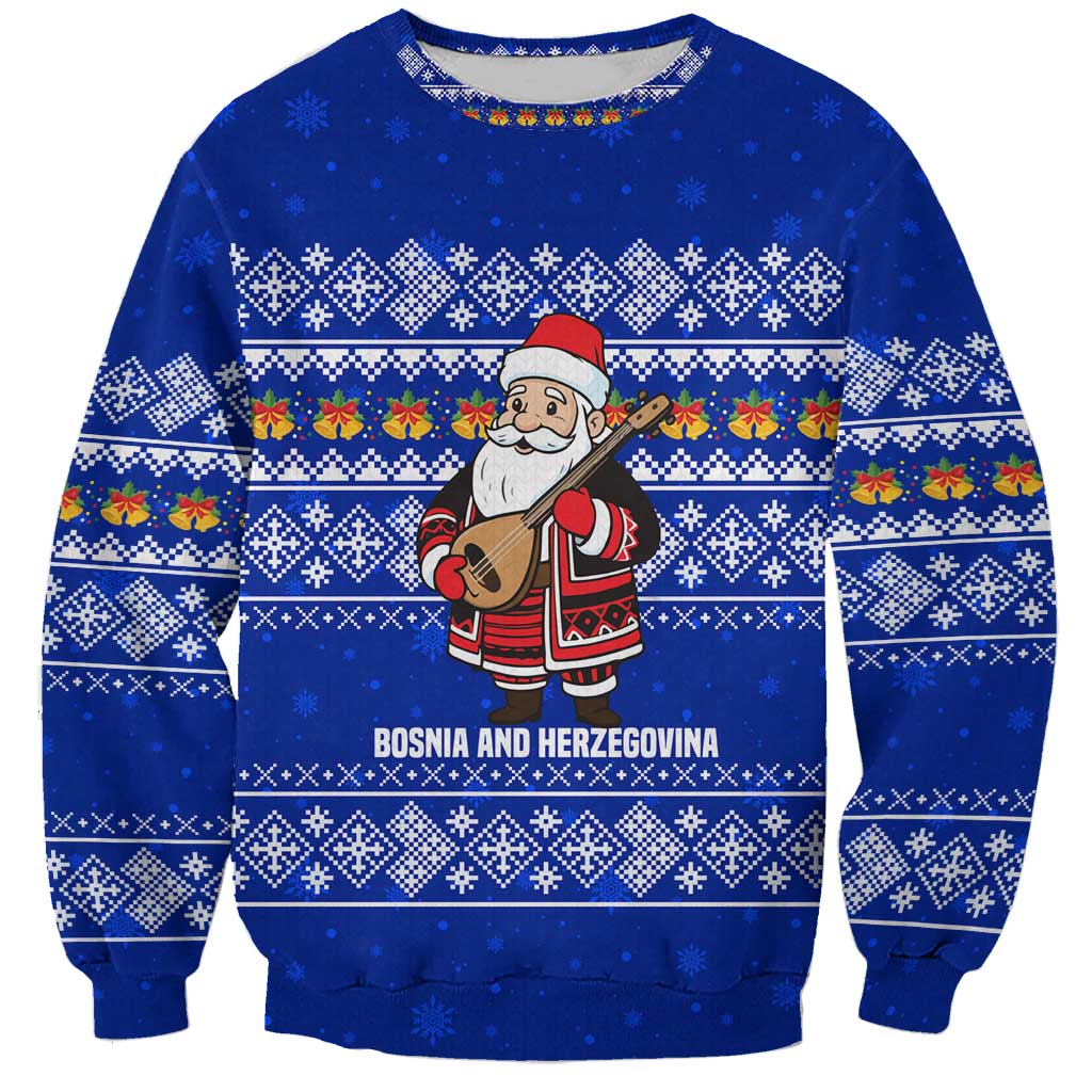 Bosnia and Herzegovina Christmas Sweatshirt with Santa Playing Traditional Instrument and Blue Snowflake Pattern - Wonder Print Shop