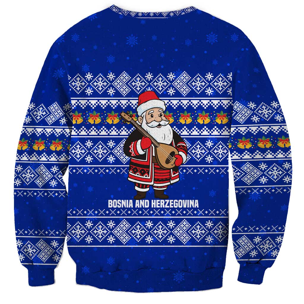 Bosnia and Herzegovina Christmas Sweatshirt with Santa Playing Traditional Instrument and Blue Snowflake Pattern - Wonder Print Shop