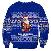 Bosnia and Herzegovina Christmas Sweatshirt with Santa Playing Traditional Instrument and Blue Snowflake Pattern - Wonder Print Shop