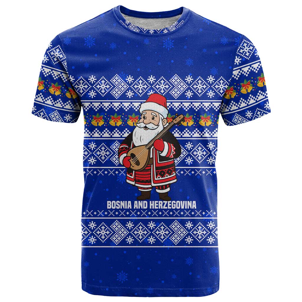 Bosnia and Herzegovina Christmas T Shirt with Santa Playing Traditional Instrument and Blue Snowflake Pattern - Wonder Print Shop