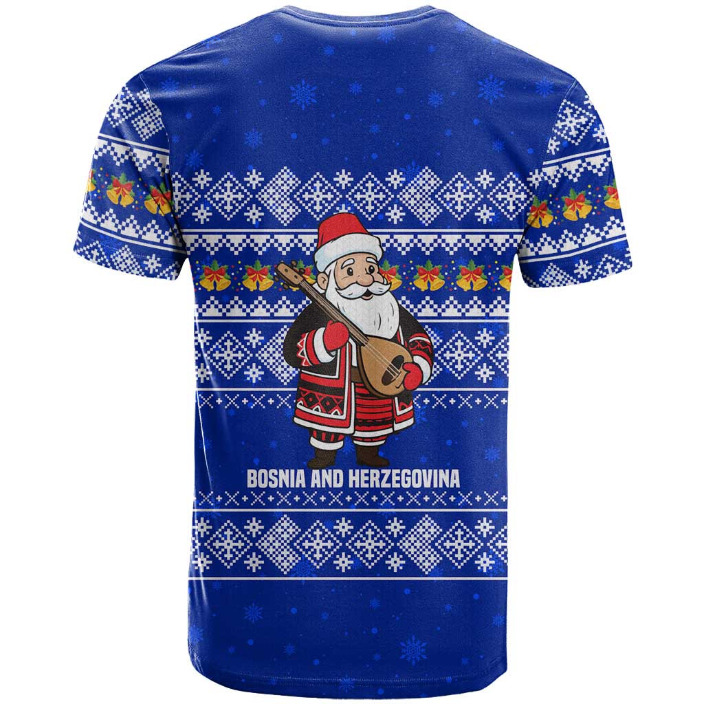 Bosnia and Herzegovina Christmas T Shirt with Santa Playing Traditional Instrument and Blue Snowflake Pattern - Wonder Print Shop