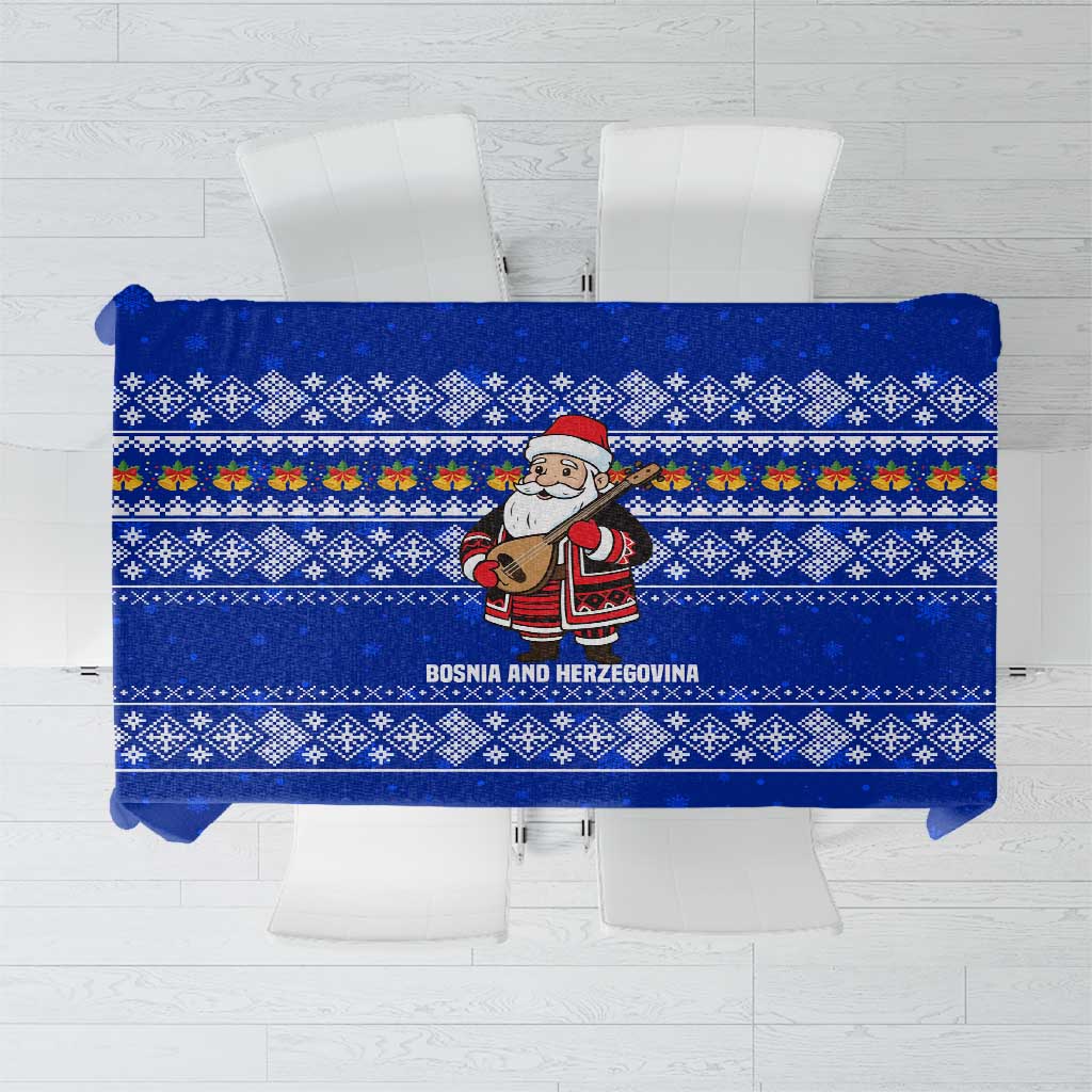 Bosnia and Herzegovina Christmas Tablecloth with Santa Playing Traditional Instrument and Blue Snowflake Pattern - Wonder Print Shop