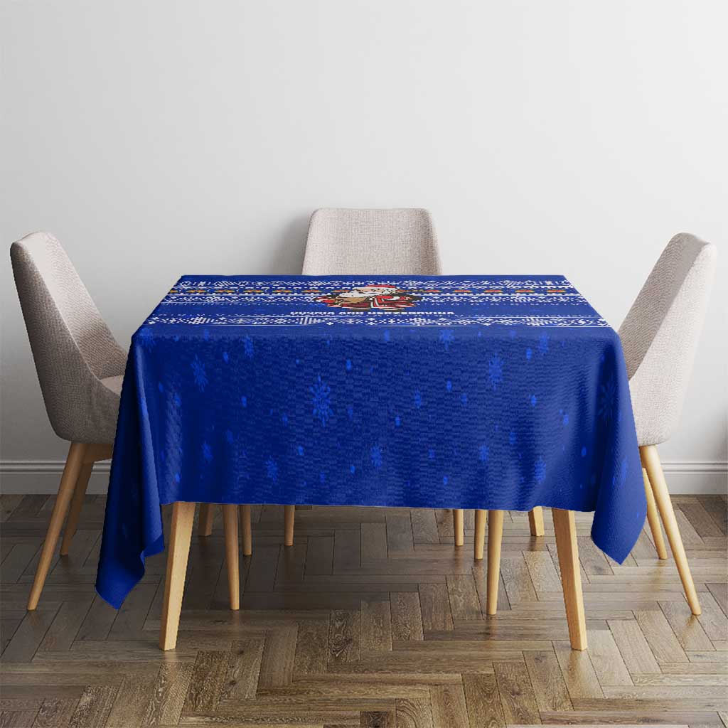 Bosnia and Herzegovina Christmas Tablecloth with Santa Playing Traditional Instrument and Blue Snowflake Pattern - Wonder Print Shop