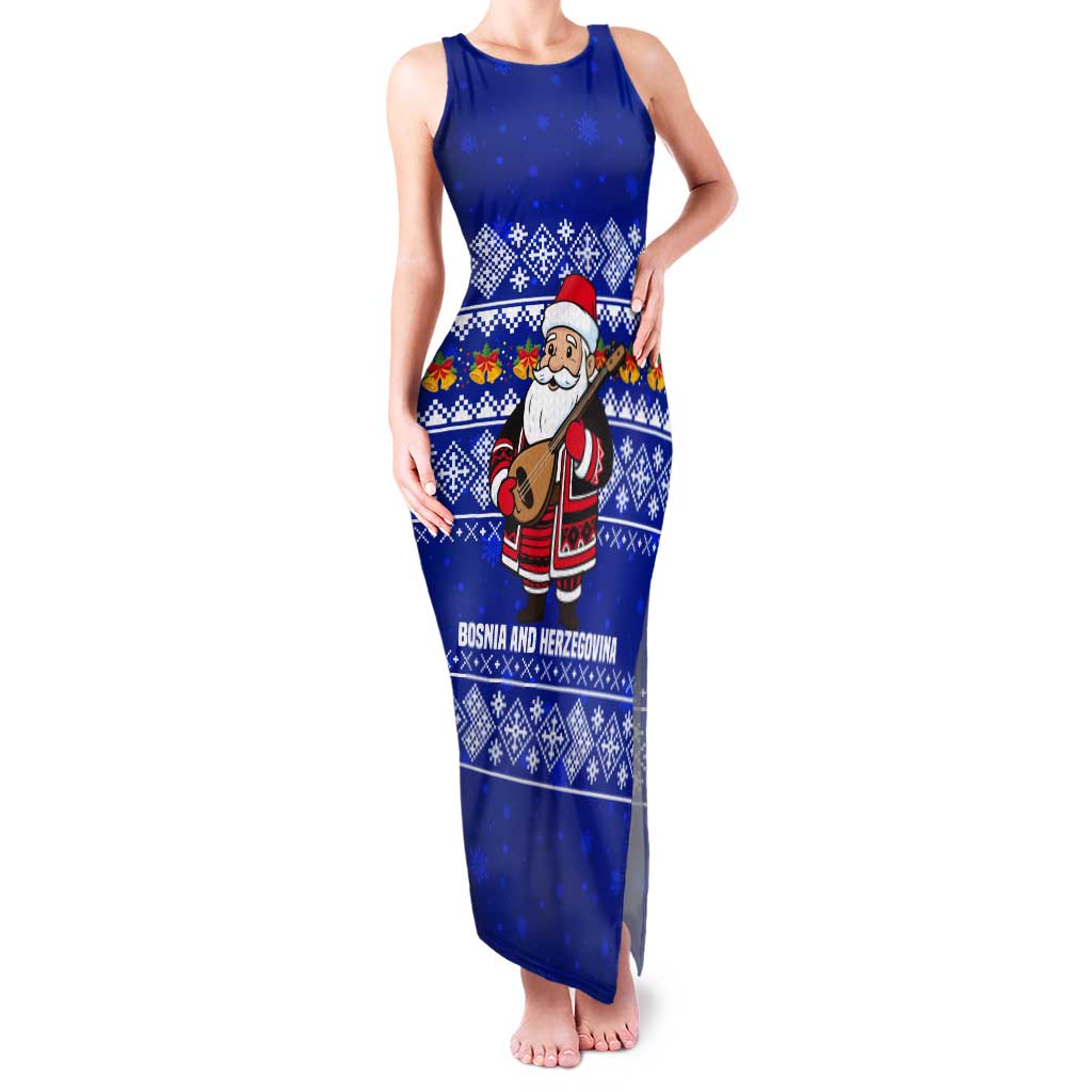 Bosnia and Herzegovina Christmas Tank Maxi Dress with Santa Playing Traditional Instrument and Blue Snowflake Pattern - Wonder Print Shop