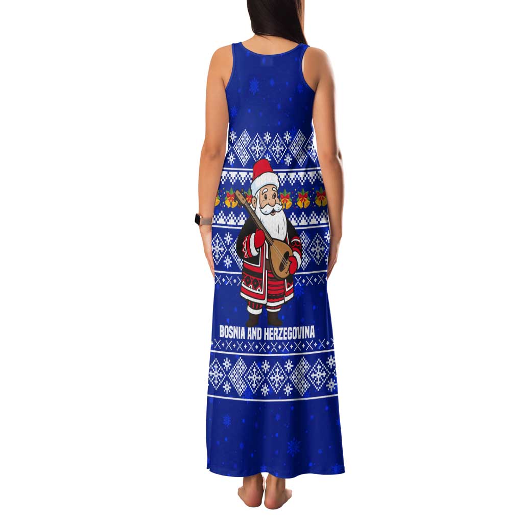 Bosnia and Herzegovina Christmas Tank Maxi Dress with Santa Playing Traditional Instrument and Blue Snowflake Pattern - Wonder Print Shop