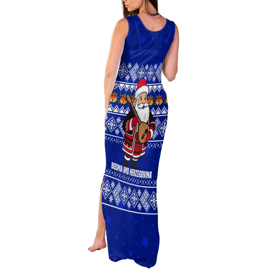 Bosnia and Herzegovina Christmas Tank Maxi Dress with Santa Playing Traditional Instrument and Blue Snowflake Pattern - Wonder Print Shop