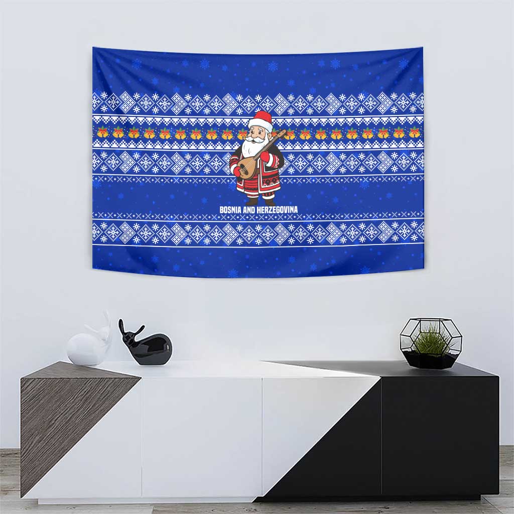 Bosnia and Herzegovina Christmas Tapestry with Santa Playing Traditional Instrument and Blue Snowflake Pattern - Wonder Print Shop