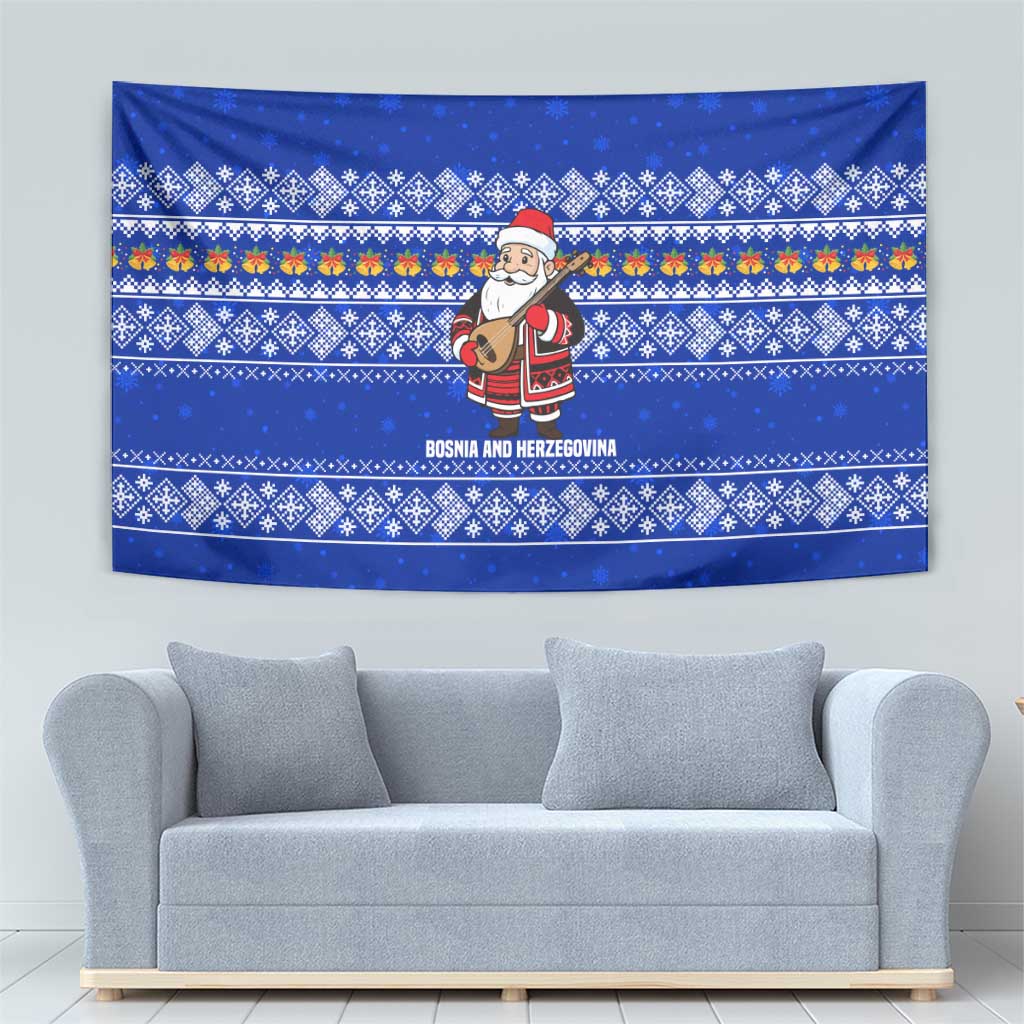 Bosnia and Herzegovina Christmas Tapestry with Santa Playing Traditional Instrument and Blue Snowflake Pattern - Wonder Print Shop