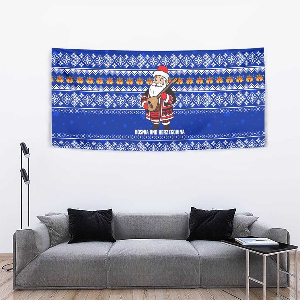 Bosnia and Herzegovina Christmas Tapestry with Santa Playing Traditional Instrument and Blue Snowflake Pattern - Wonder Print Shop