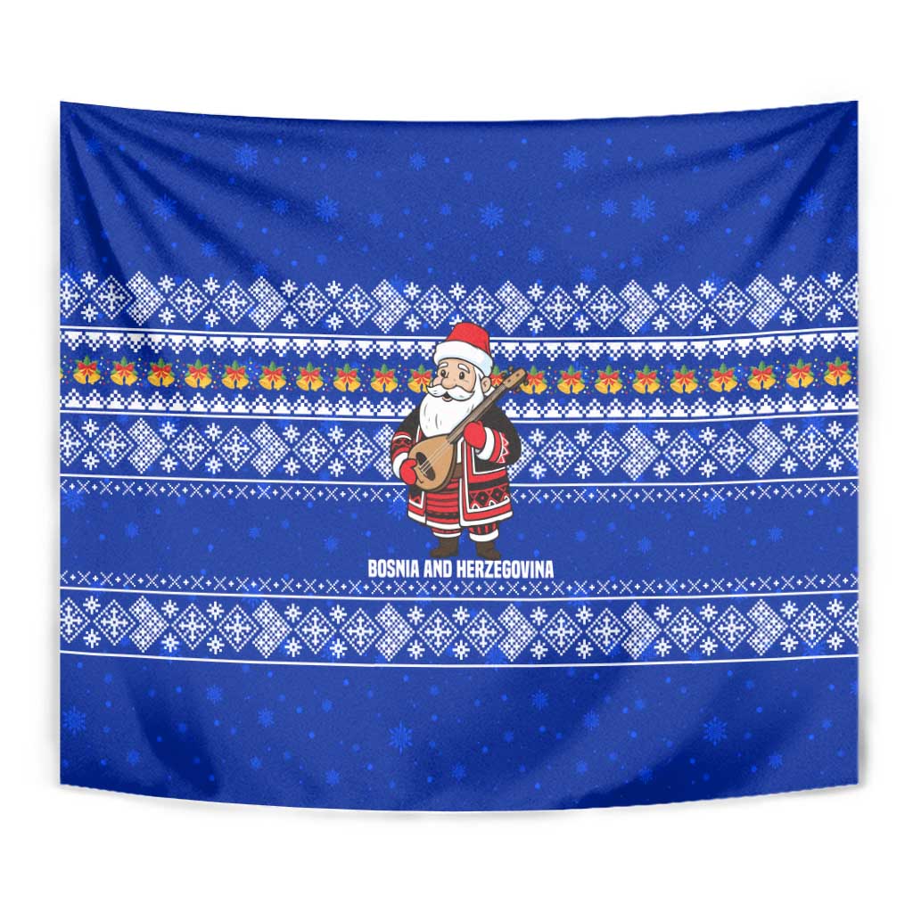 Bosnia and Herzegovina Christmas Tapestry with Santa Playing Traditional Instrument and Blue Snowflake Pattern - Wonder Print Shop