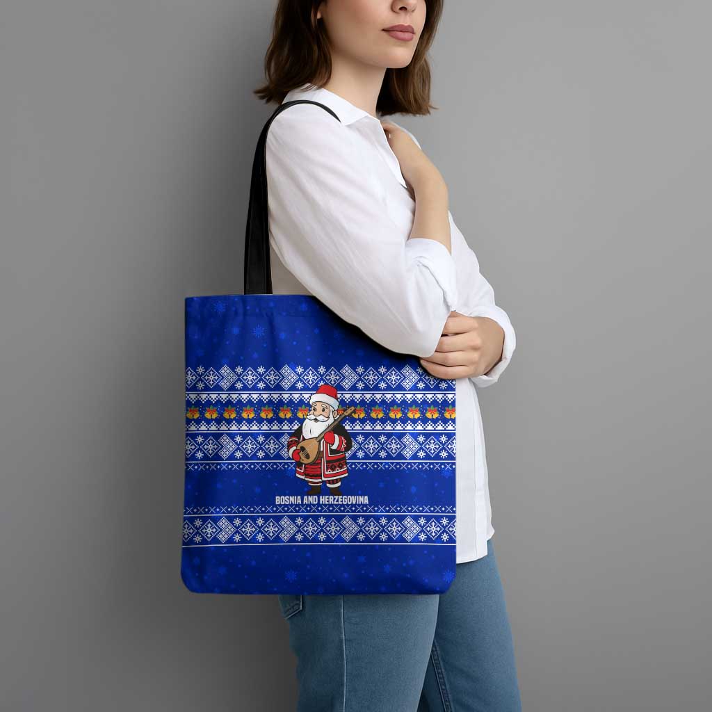 Bosnia and Herzegovina Christmas Tote Bag with Santa Playing Traditional Instrument and Blue Snowflake Pattern - Wonder Print Shop