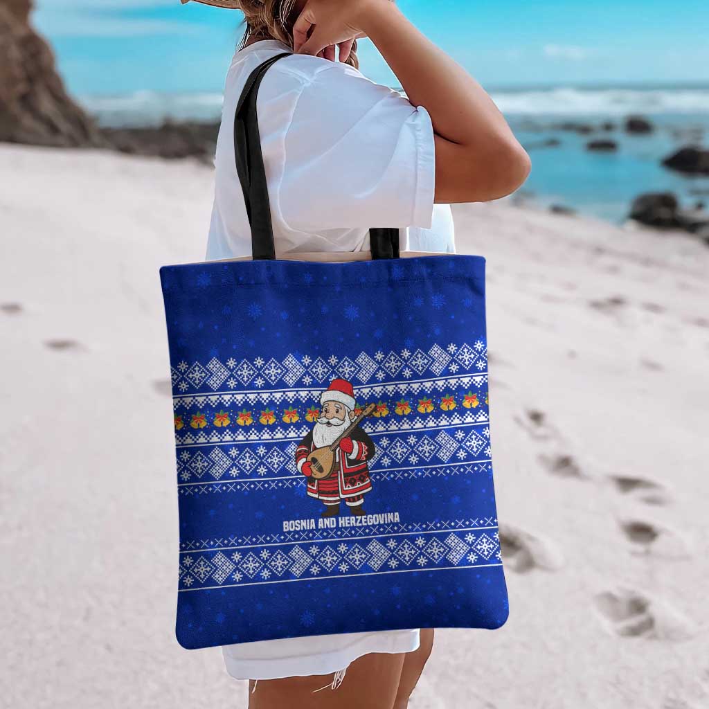 Bosnia and Herzegovina Christmas Tote Bag with Santa Playing Traditional Instrument and Blue Snowflake Pattern - Wonder Print Shop
