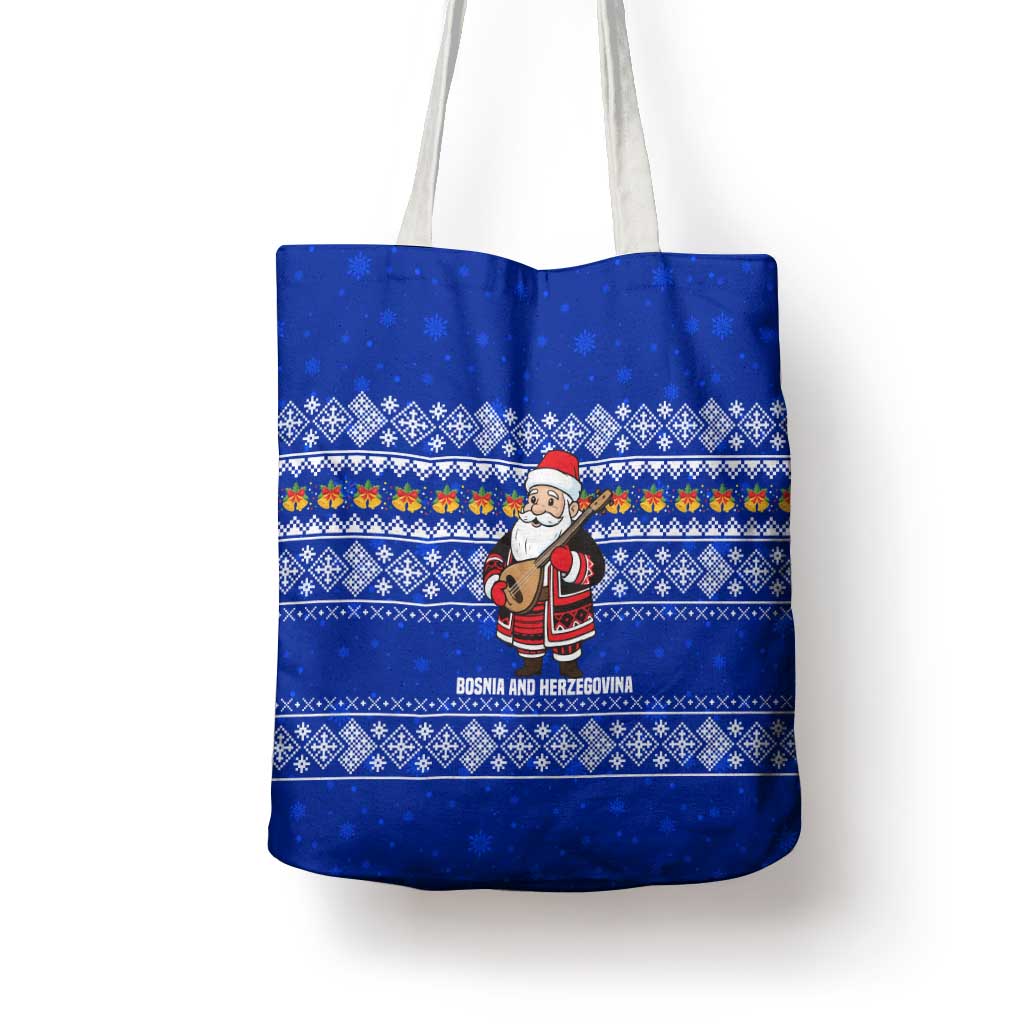 Bosnia and Herzegovina Christmas Tote Bag with Santa Playing Traditional Instrument and Blue Snowflake Pattern - Wonder Print Shop
