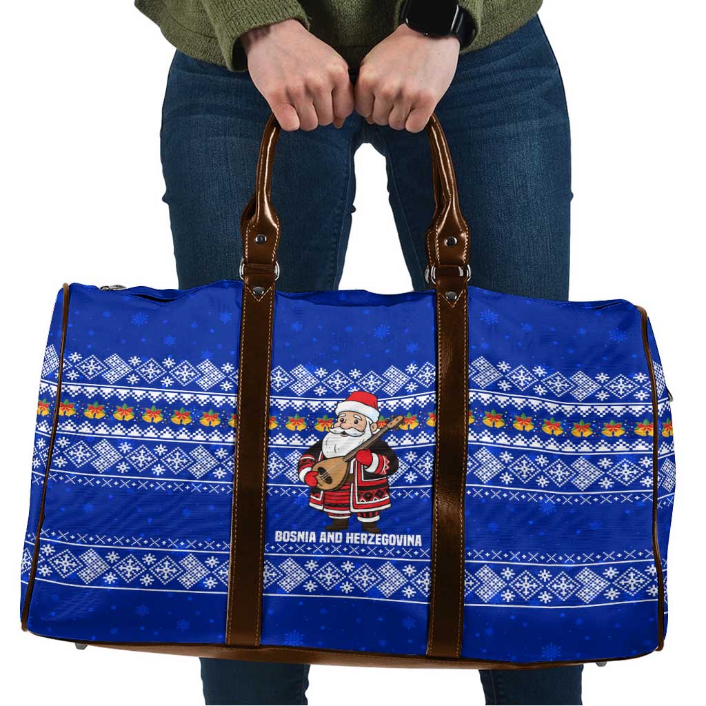 Bosnia and Herzegovina Christmas Travel Bag with Santa Playing Traditional Instrument and Blue Snowflake Pattern - Wonder Print Shop