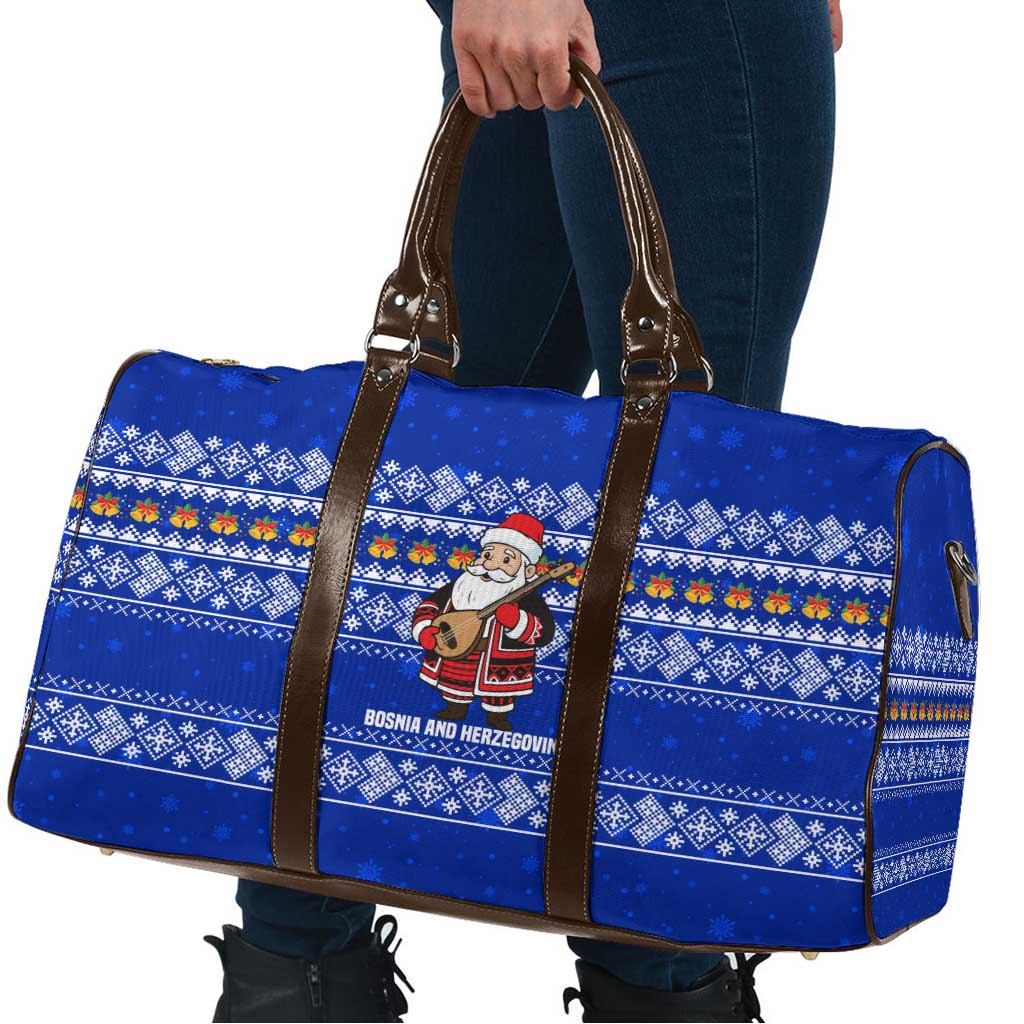 Bosnia and Herzegovina Christmas Travel Bag with Santa Playing Traditional Instrument and Blue Snowflake Pattern - Wonder Print Shop