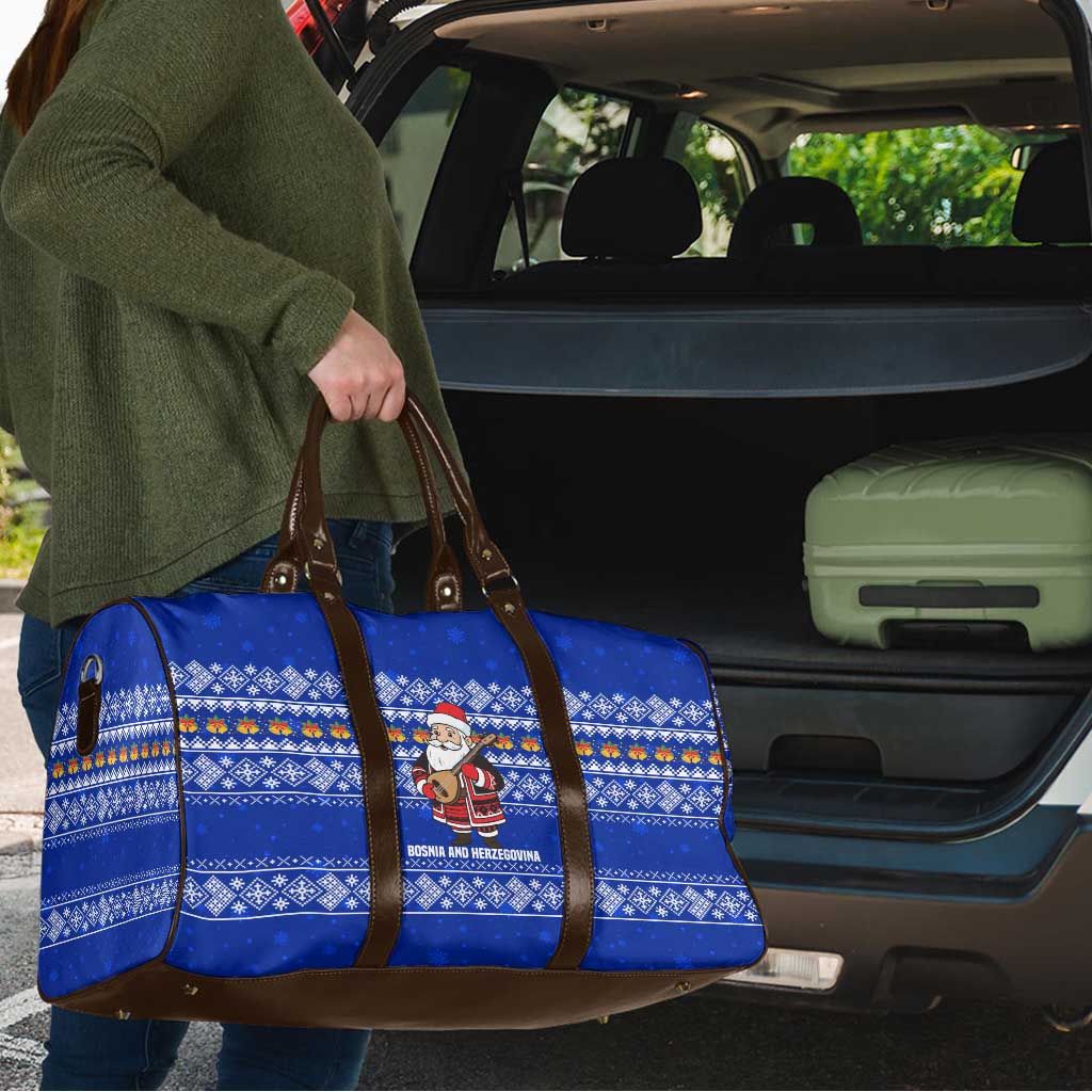 Bosnia and Herzegovina Christmas Travel Bag with Santa Playing Traditional Instrument and Blue Snowflake Pattern - Wonder Print Shop