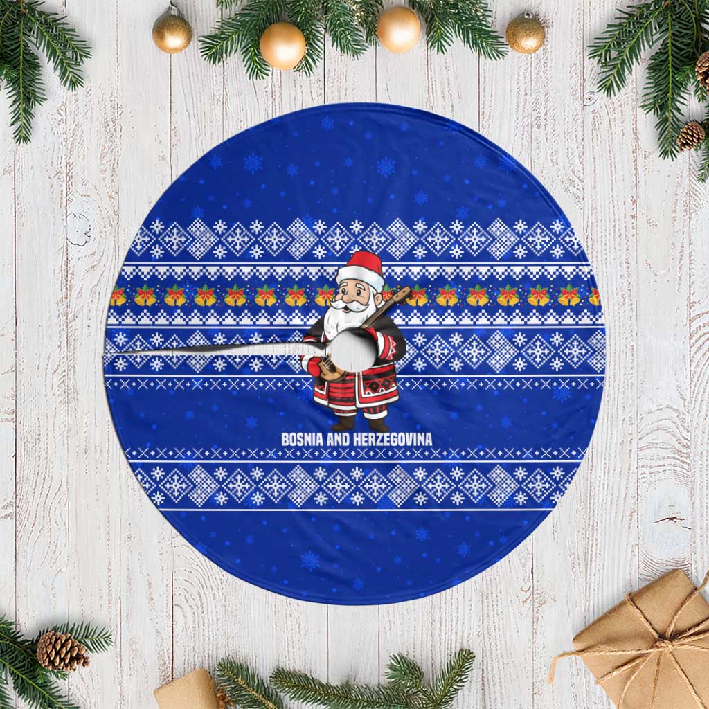 Bosnia and Herzegovina Christmas Tree Skirt with Santa Playing Traditional Instrument and Blue Snowflake Pattern - Wonder Print Shop