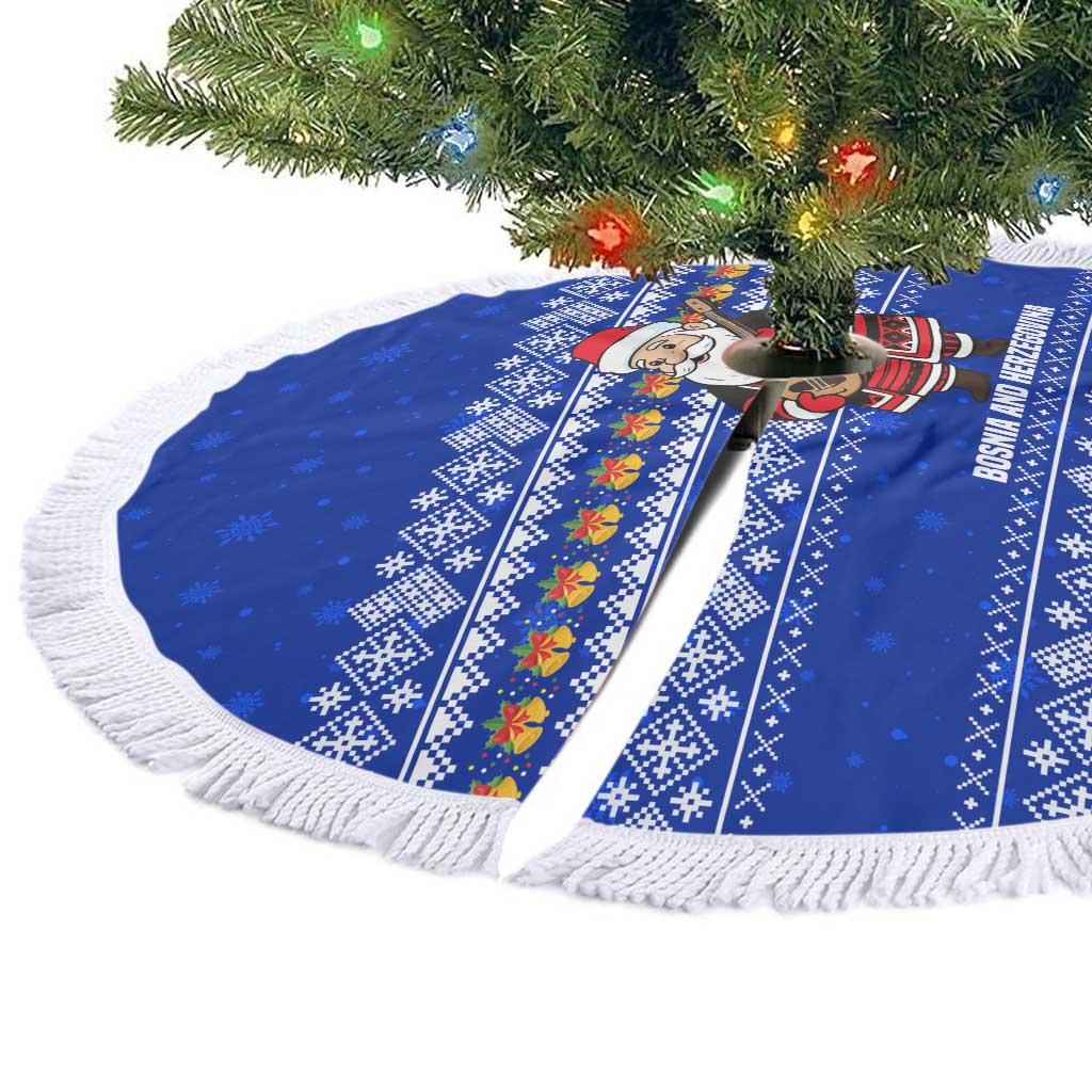 Bosnia and Herzegovina Christmas Tree Skirt with Santa Playing Traditional Instrument and Blue Snowflake Pattern - Wonder Print Shop