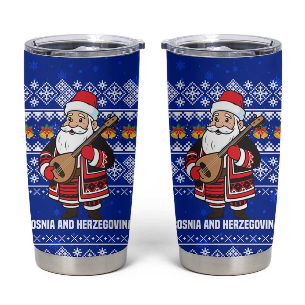 Bosnia and Herzegovina Christmas Tumbler Cup with Santa Playing Traditional Instrument and Blue Snowflake Pattern - Wonder Print Shop
