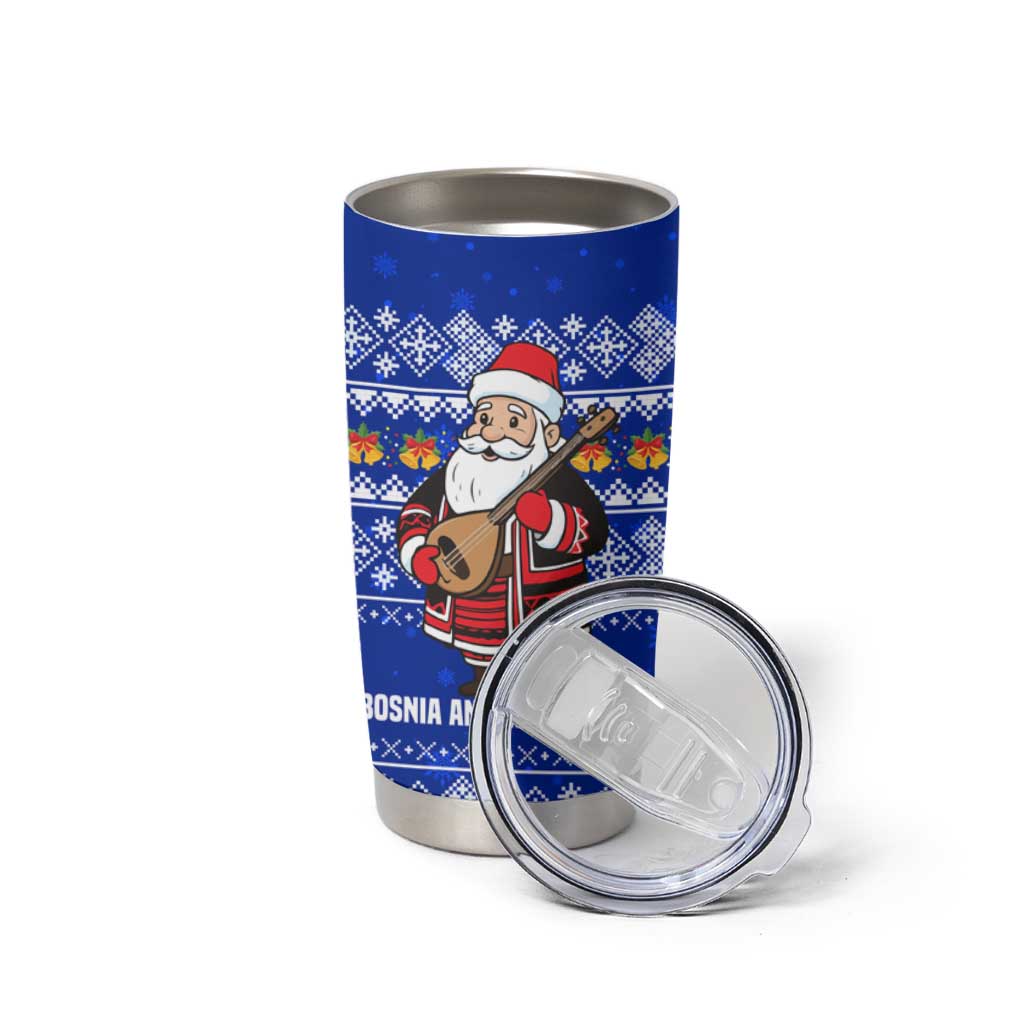 Bosnia and Herzegovina Christmas Tumbler Cup with Santa Playing Traditional Instrument and Blue Snowflake Pattern - Wonder Print Shop