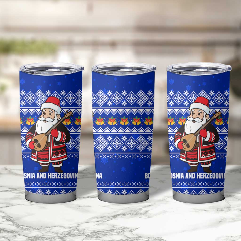 Bosnia and Herzegovina Christmas Tumbler Cup with Santa Playing Traditional Instrument and Blue Snowflake Pattern - Wonder Print Shop