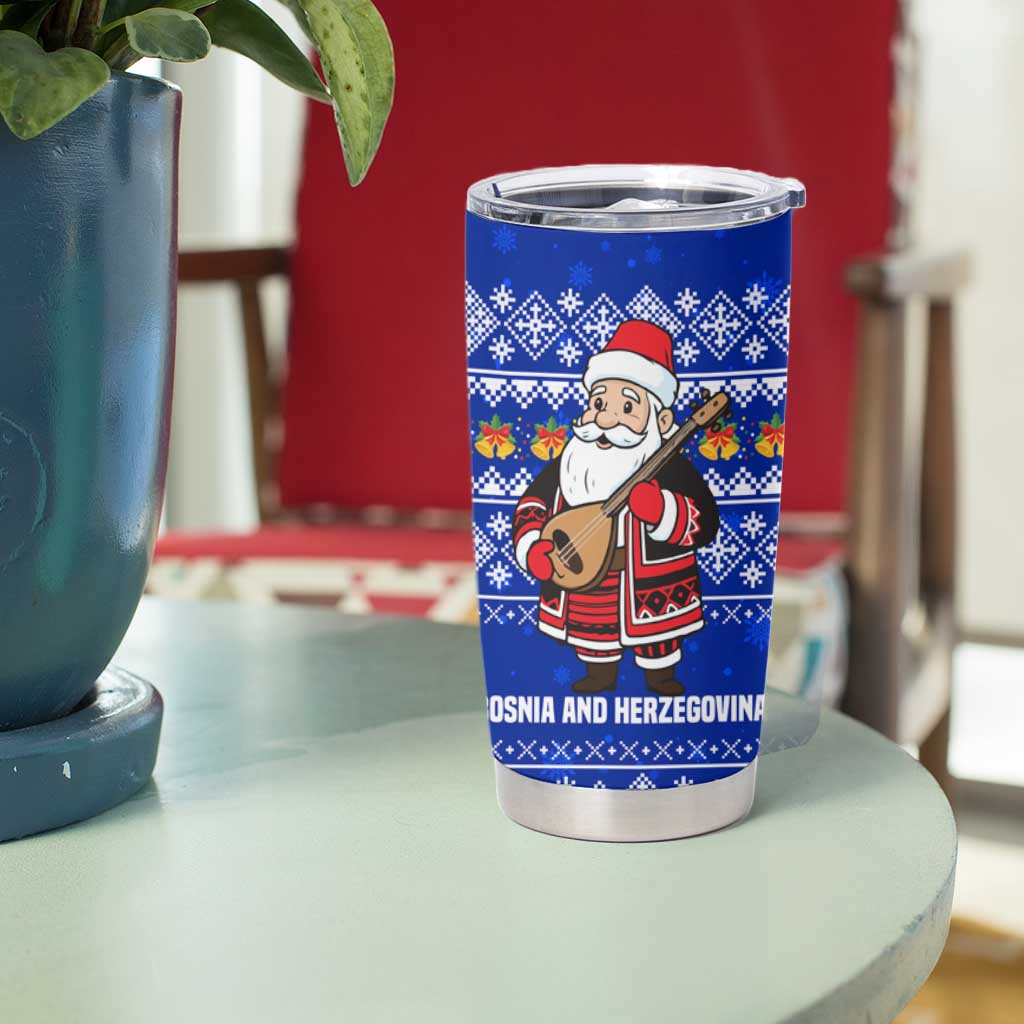 Bosnia and Herzegovina Christmas Tumbler Cup with Santa Playing Traditional Instrument and Blue Snowflake Pattern - Wonder Print Shop