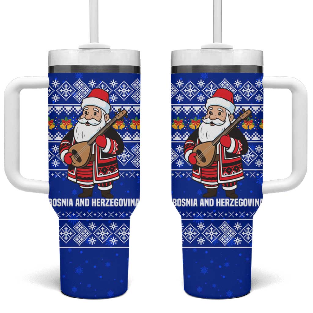 Bosnia and Herzegovina Christmas Tumbler With Handle with Santa Playing Traditional Instrument and Blue Snowflake Pattern - Wonder Print Shop