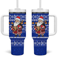 Bosnia and Herzegovina Christmas Tumbler With Handle with Santa Playing Traditional Instrument and Blue Snowflake Pattern - Wonder Print Shop