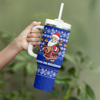 Bosnia and Herzegovina Christmas Tumbler With Handle with Santa Playing Traditional Instrument and Blue Snowflake Pattern - Wonder Print Shop
