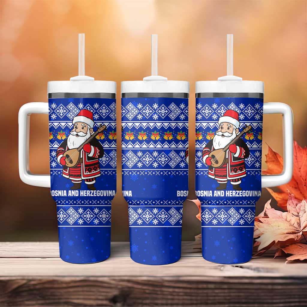 Bosnia and Herzegovina Christmas Tumbler With Handle with Santa Playing Traditional Instrument and Blue Snowflake Pattern - Wonder Print Shop