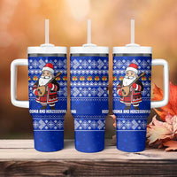 Bosnia and Herzegovina Christmas Tumbler With Handle with Santa Playing Traditional Instrument and Blue Snowflake Pattern - Wonder Print Shop