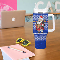 Bosnia and Herzegovina Christmas Tumbler With Handle with Santa Playing Traditional Instrument and Blue Snowflake Pattern - Wonder Print Shop