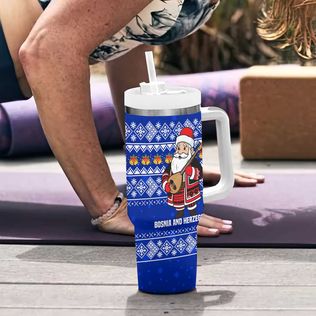Bosnia and Herzegovina Christmas Tumbler With Handle with Santa Playing Traditional Instrument and Blue Snowflake Pattern - Wonder Print Shop