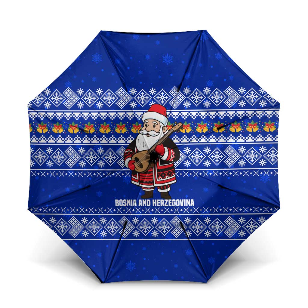Bosnia and Herzegovina Christmas Umbrella with Santa Playing Traditional Instrument and Blue Snowflake Pattern - Wonder Print Shop