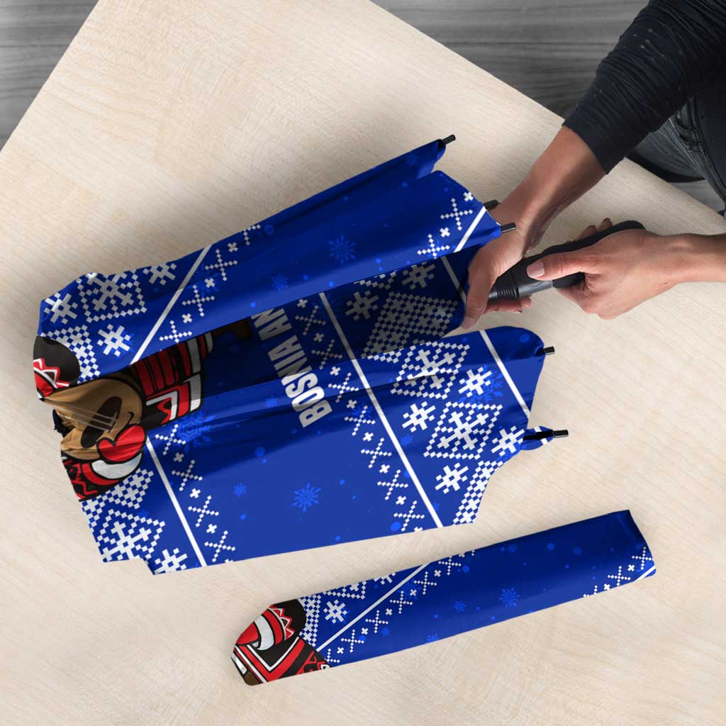 Bosnia and Herzegovina Christmas Umbrella with Santa Playing Traditional Instrument and Blue Snowflake Pattern - Wonder Print Shop