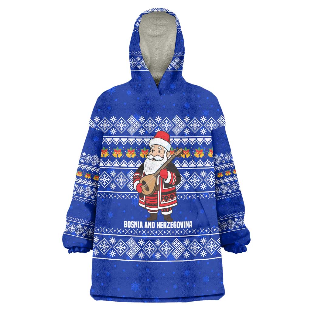 Bosnia and Herzegovina Christmas Wearable Blanket Hoodie with Santa Playing Traditional Instrument and Blue Snowflake Pattern - Wonder Print Shop