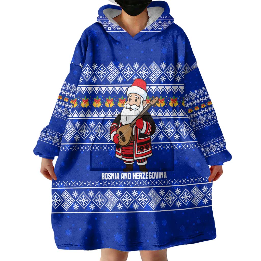 Bosnia and Herzegovina Christmas Wearable Blanket Hoodie with Santa Playing Traditional Instrument and Blue Snowflake Pattern - Wonder Print Shop