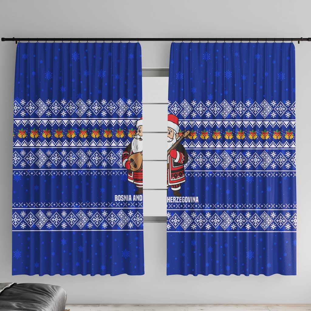 Bosnia and Herzegovina Christmas Window Curtain with Santa Playing Traditional Instrument and Blue Snowflake Pattern - Wonder Print Shop