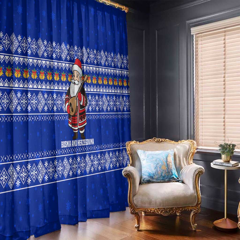 Bosnia and Herzegovina Christmas Window Curtain with Santa Playing Traditional Instrument and Blue Snowflake Pattern - Wonder Print Shop