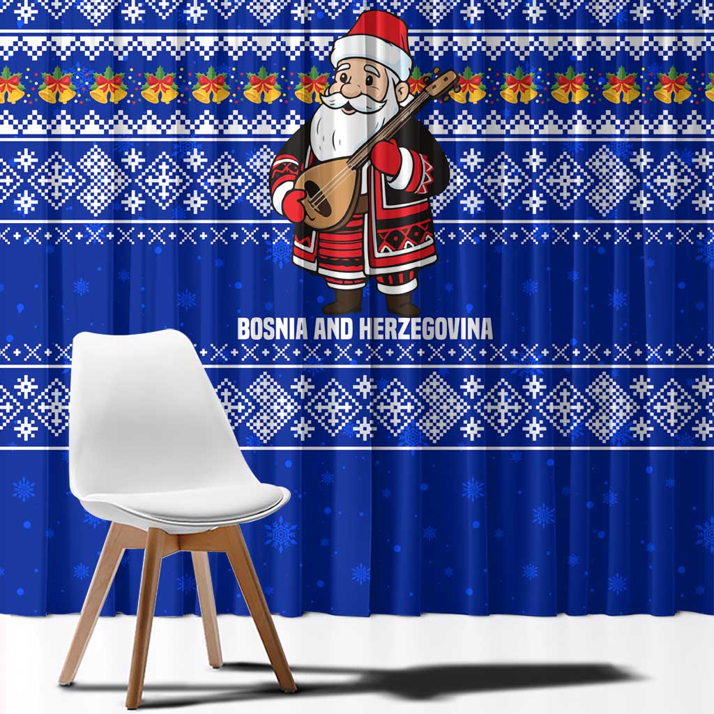 Bosnia and Herzegovina Christmas Window Curtain with Santa Playing Traditional Instrument and Blue Snowflake Pattern - Wonder Print Shop