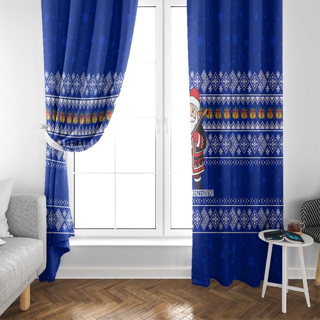 Bosnia and Herzegovina Christmas Window Curtain with Santa Playing Traditional Instrument and Blue Snowflake Pattern - Wonder Print Shop