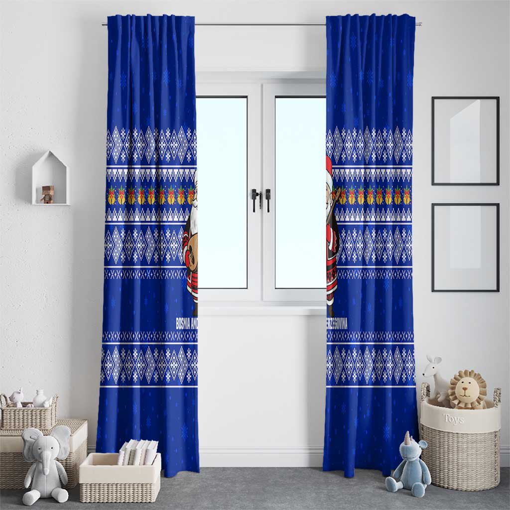 Bosnia and Herzegovina Christmas Window Curtain with Santa Playing Traditional Instrument and Blue Snowflake Pattern - Wonder Print Shop