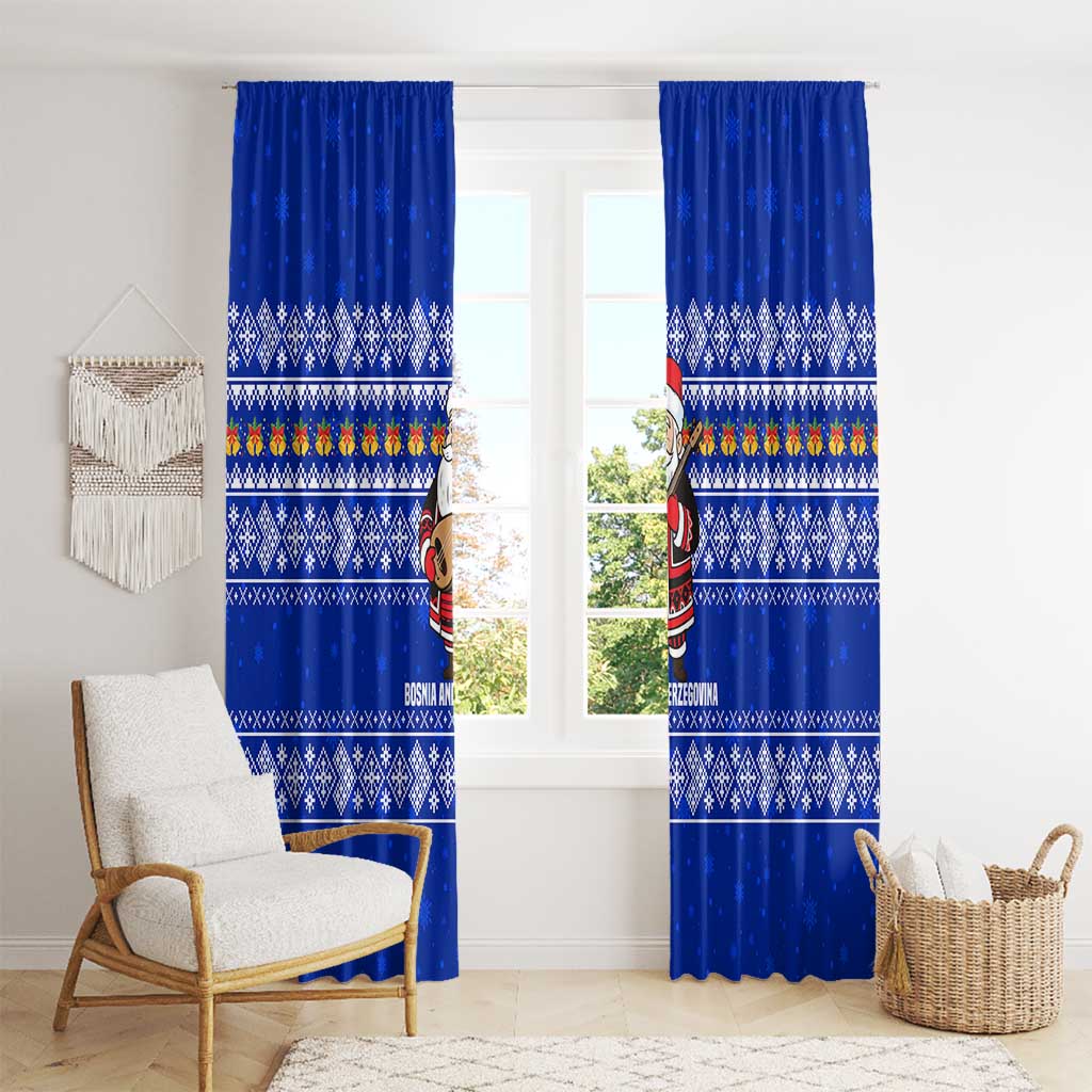Bosnia and Herzegovina Christmas Window Curtain with Santa Playing Traditional Instrument and Blue Snowflake Pattern - Wonder Print Shop