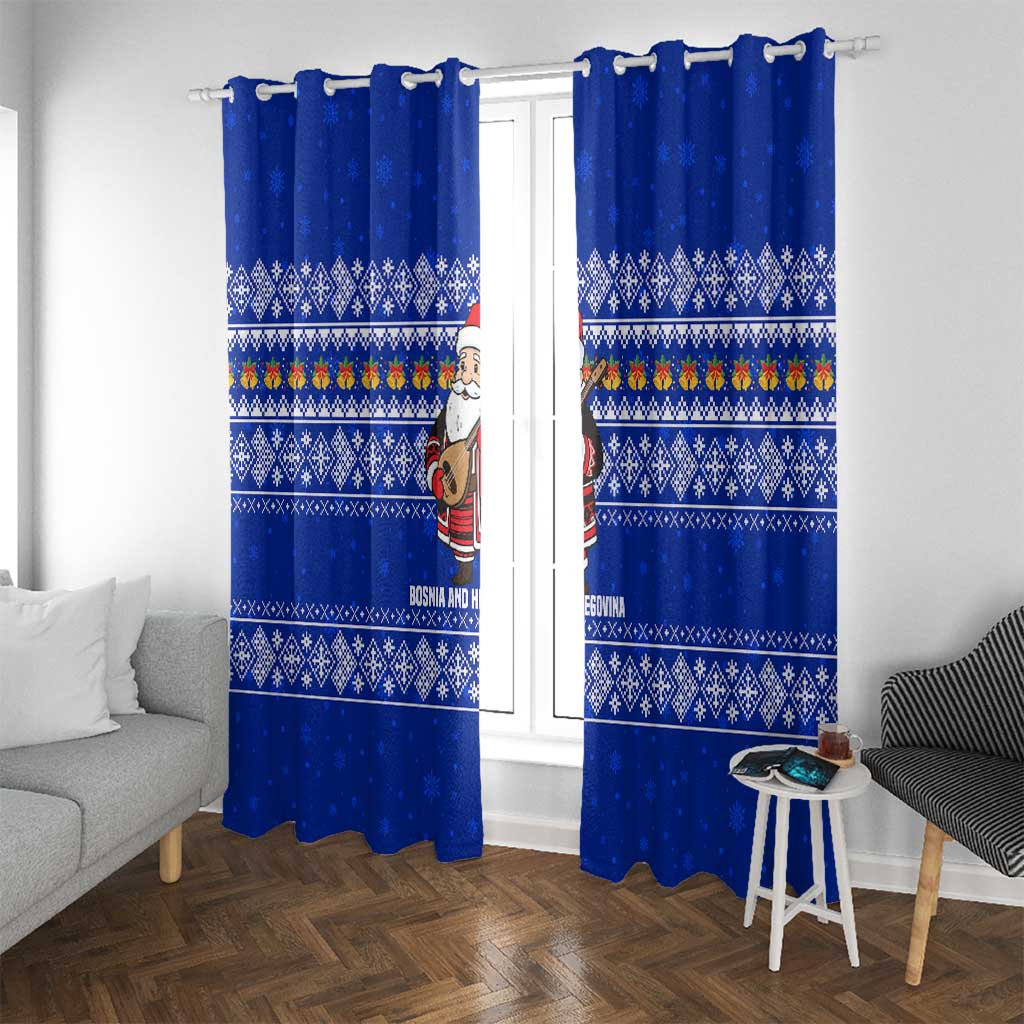 Bosnia and Herzegovina Christmas Window Curtain with Santa Playing Traditional Instrument and Blue Snowflake Pattern - Wonder Print Shop