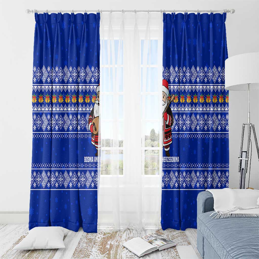 Bosnia and Herzegovina Christmas Window Curtain with Santa Playing Traditional Instrument and Blue Snowflake Pattern - Wonder Print Shop