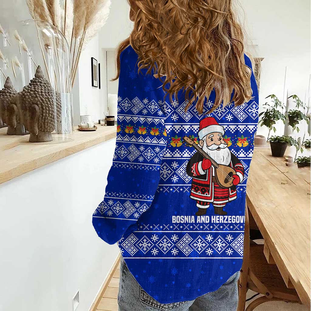 Bosnia and Herzegovina Christmas Women Casual Shirt with Santa Playing Traditional Instrument and Blue Snowflake Pattern - Wonder Print Shop